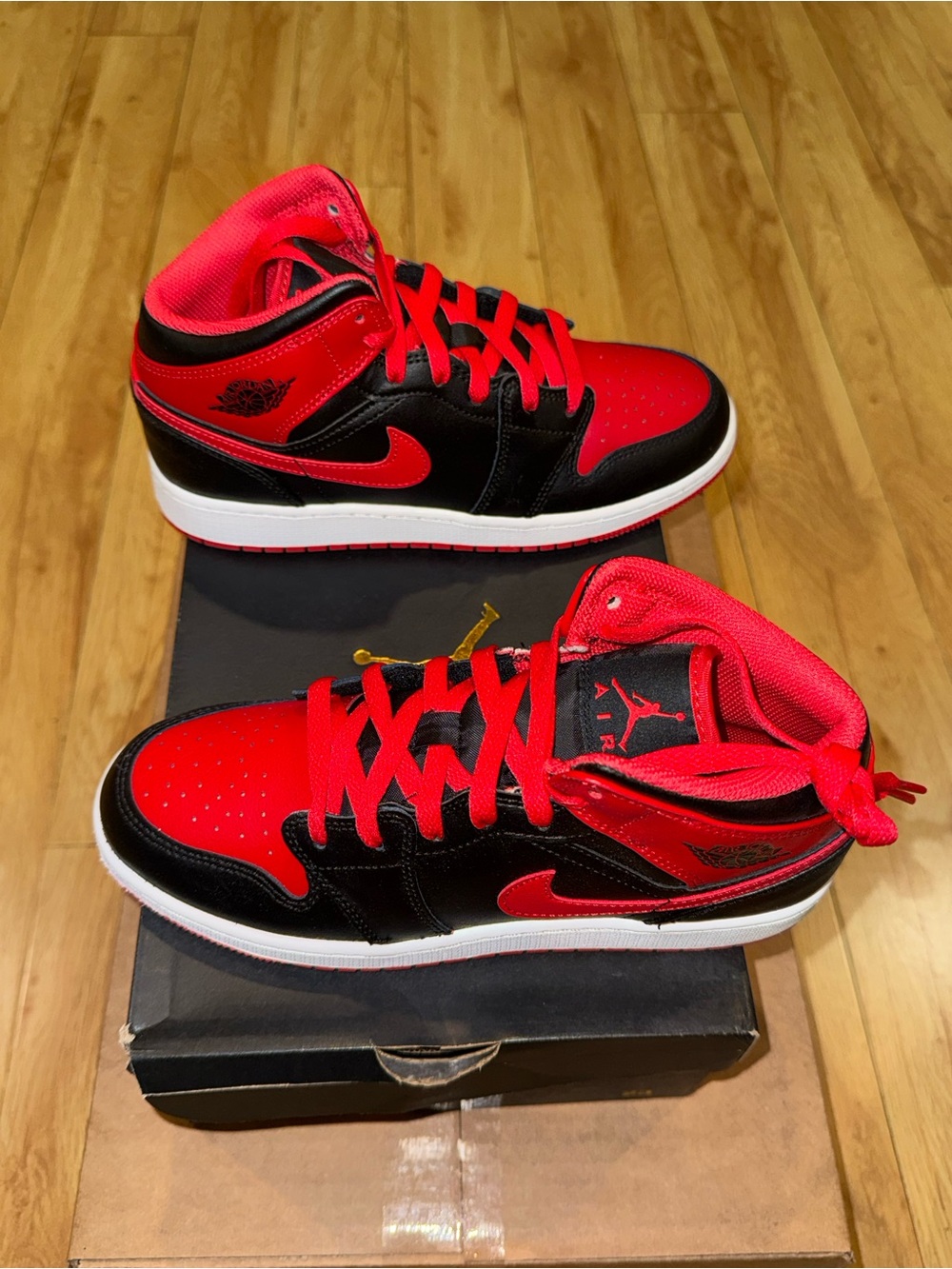 Air Jordan 1 Mid Youth Red and Black Mid-Top Sneakers - Picture 3 of 11